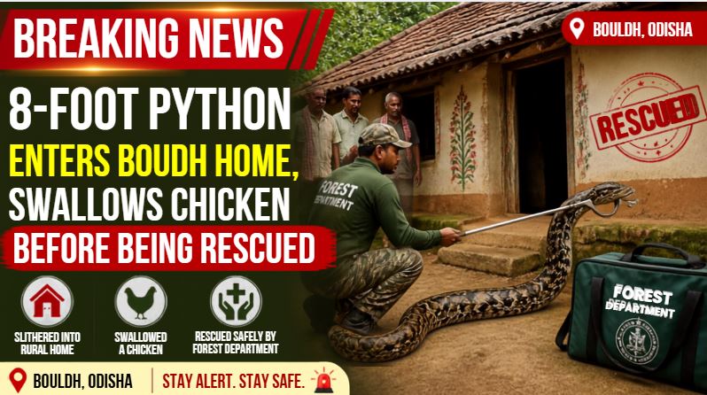8-Foot Python Enters Boudh Home, Swallows Chicken Before Being Rescued